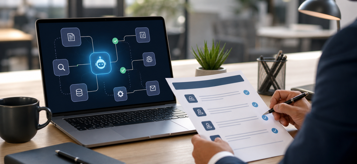 A calm business desk showing agentic AI workflow tiles and human review of a structured report