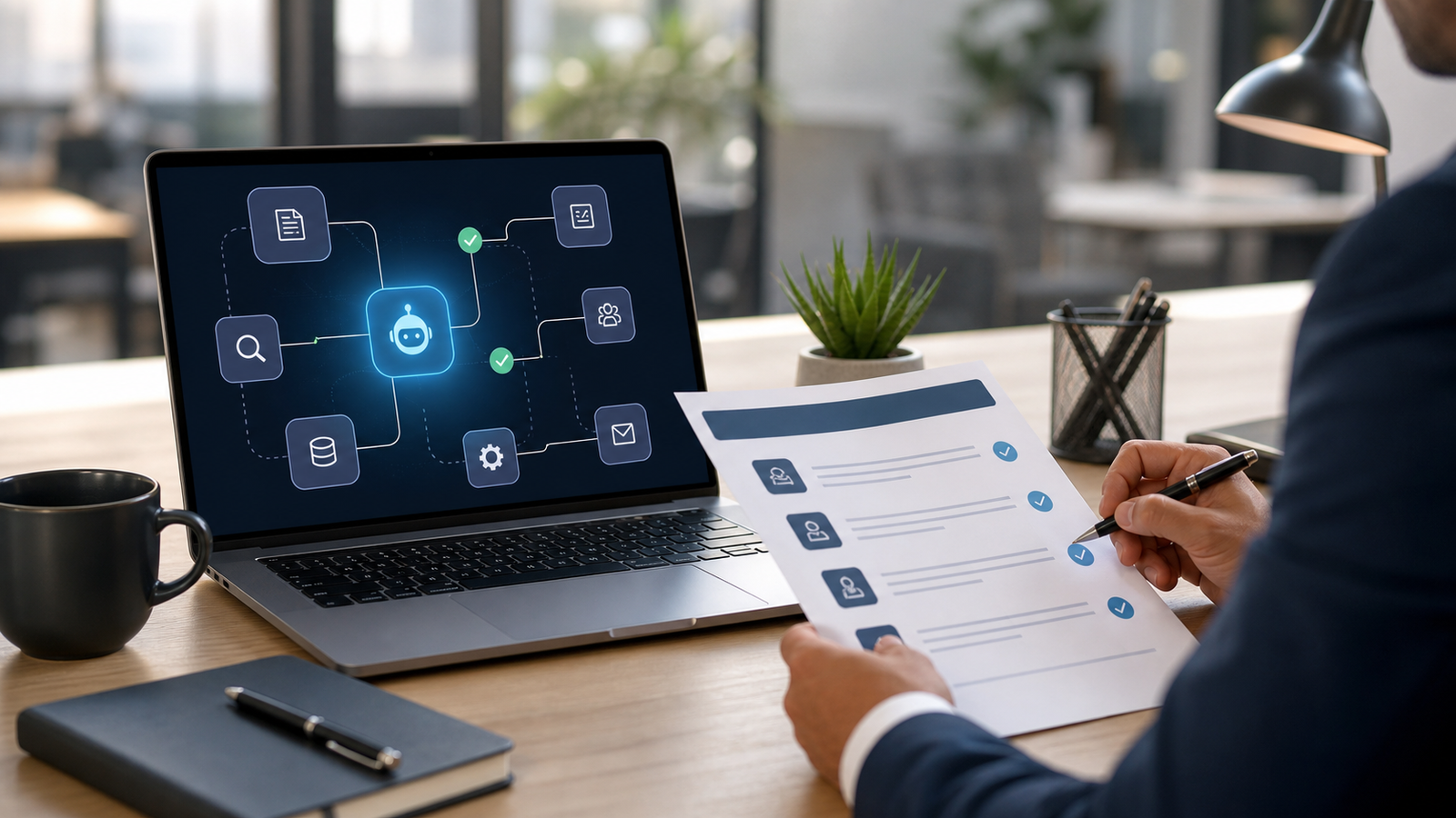 A calm business desk showing agentic AI workflow tiles and human review of a structured report