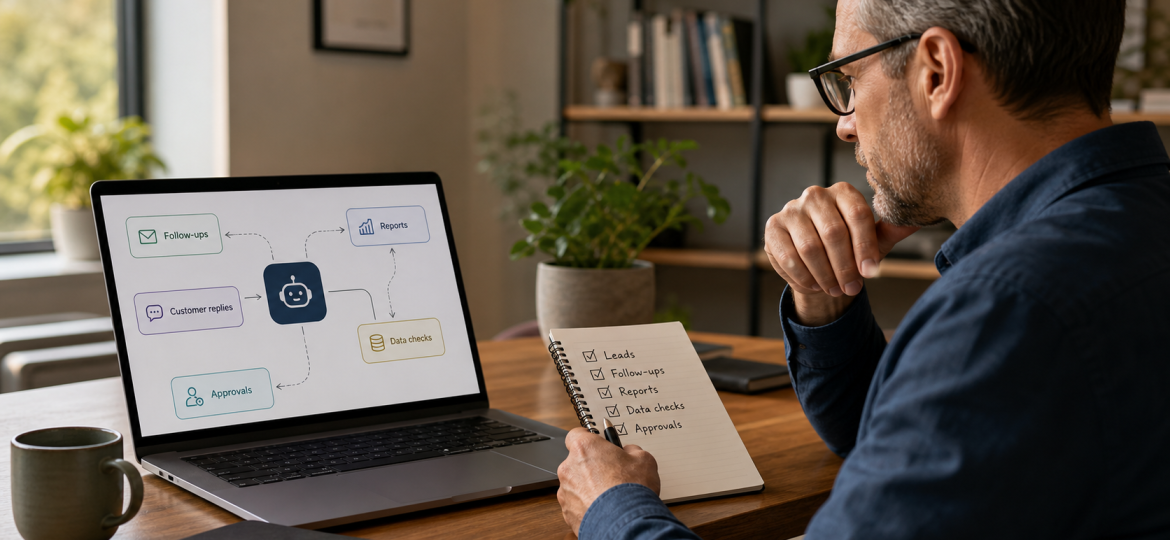 A business owner reviewing a practical AI workflow map on a laptop