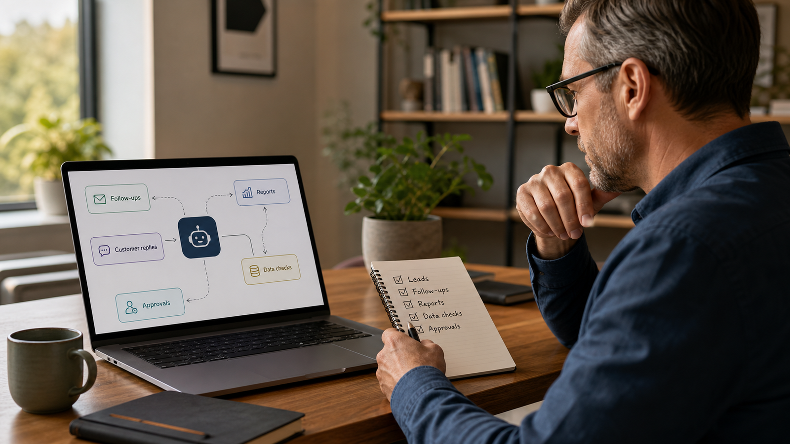 A business owner reviewing a practical AI workflow map on a laptop