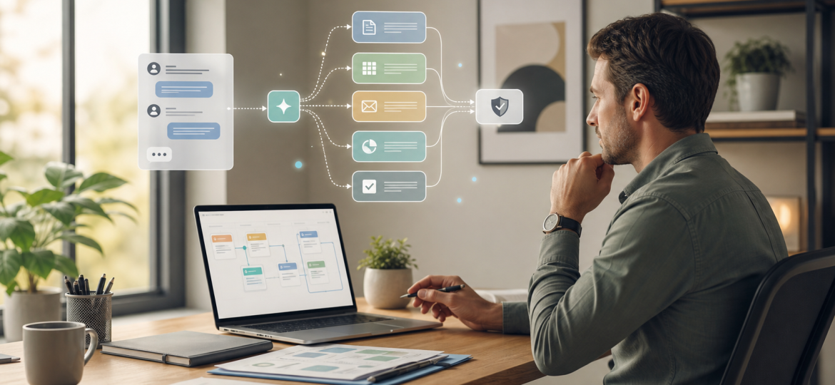 Business owner reviewing AI agent workflow tasks before approval