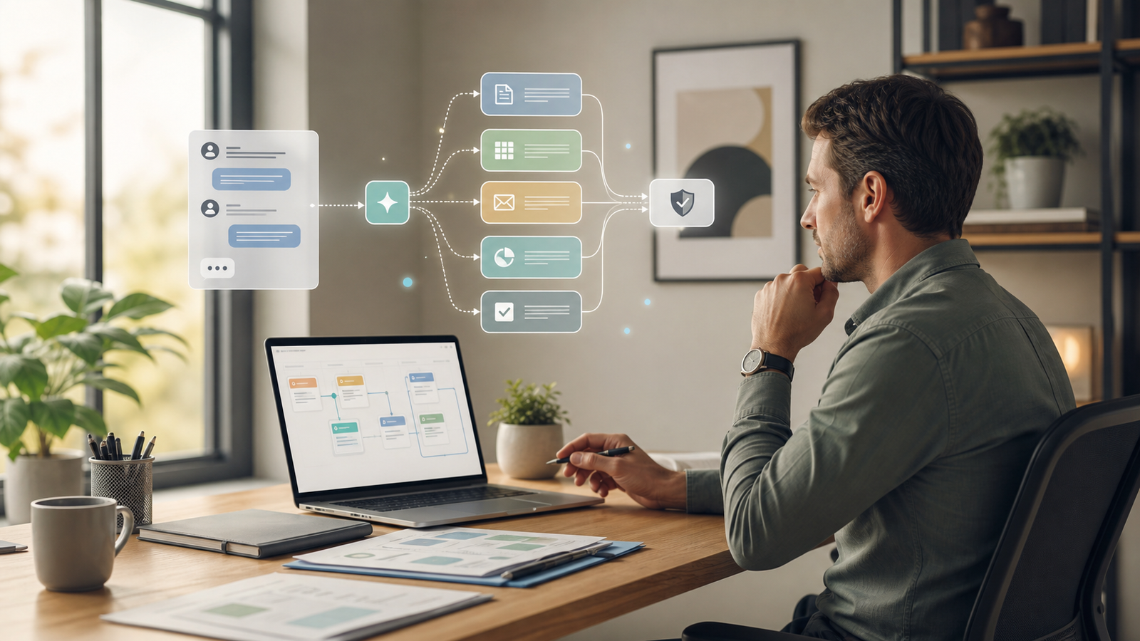 Business owner reviewing AI agent workflow tasks before approval