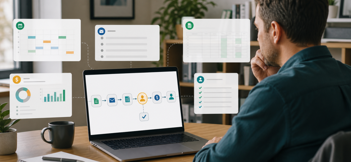 Small business owner reviewing an AI workflow map before connecting business apps