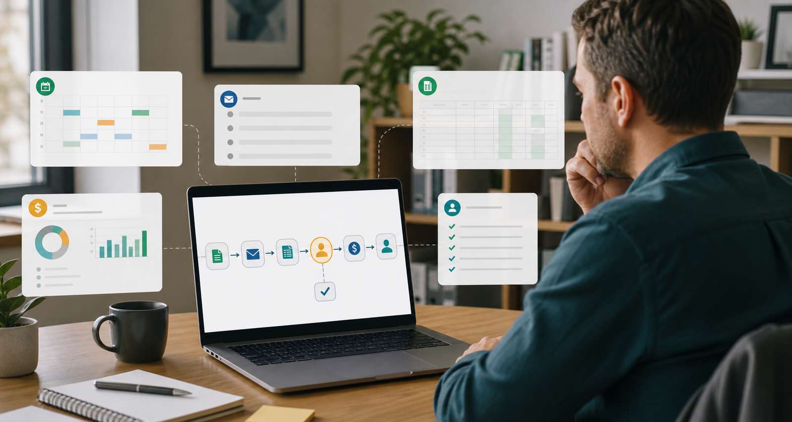 Small business owner reviewing an AI workflow map before connecting business apps