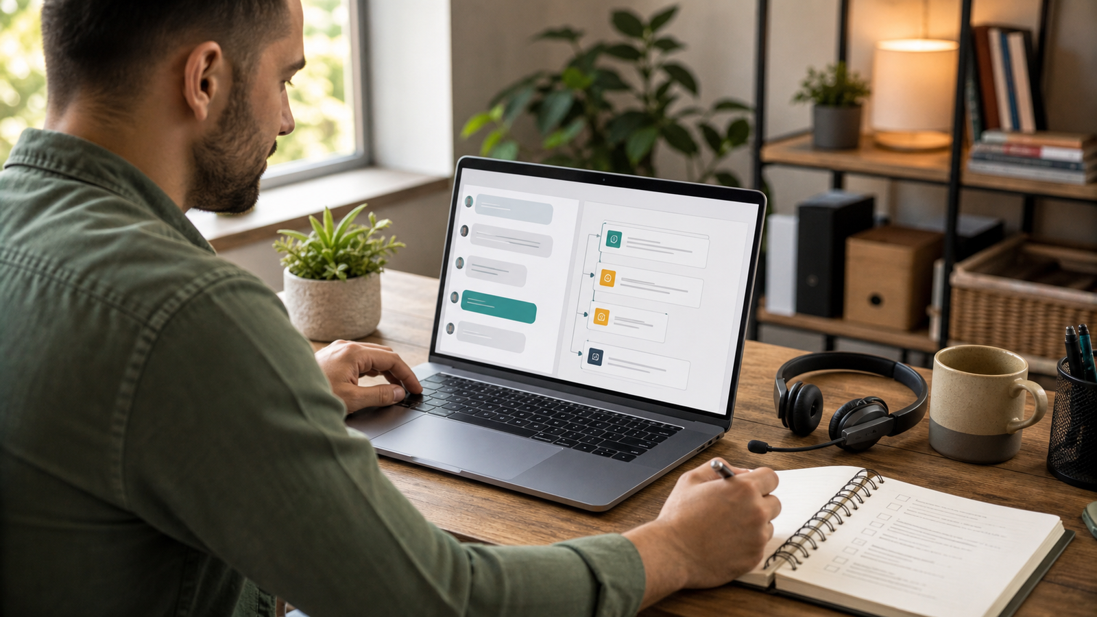 Small business owner reviewing an AI voice agent workflow handoff after a call