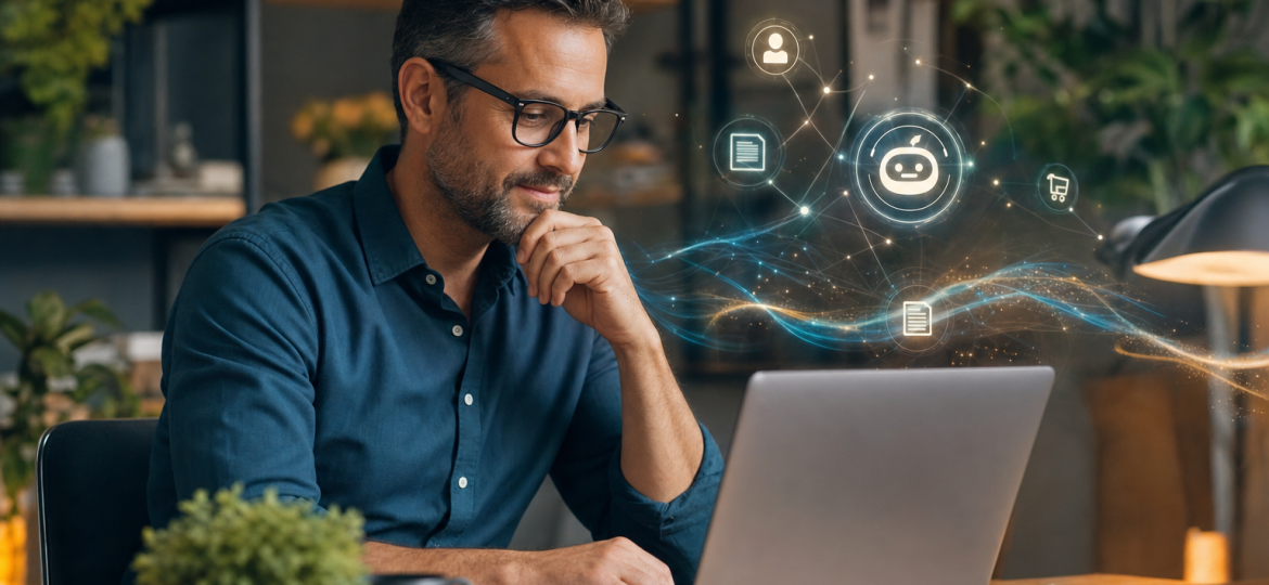 Business owner reviewing AI-powered workflow dashboard in a modern office