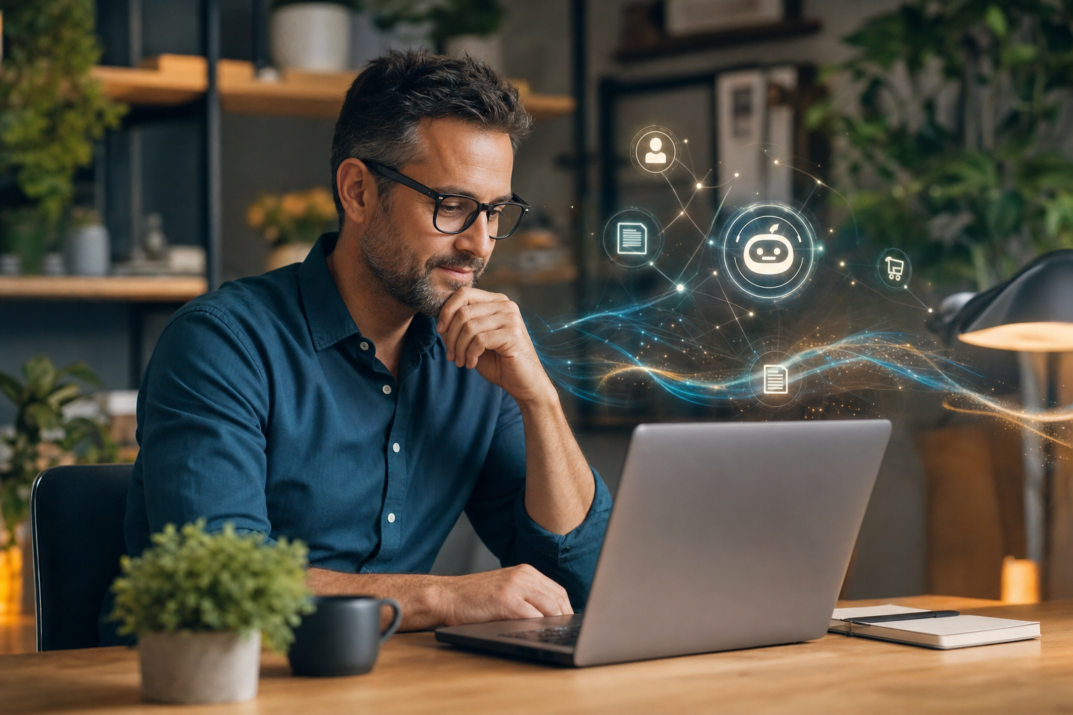 Business owner reviewing AI-powered workflow dashboard in a modern office