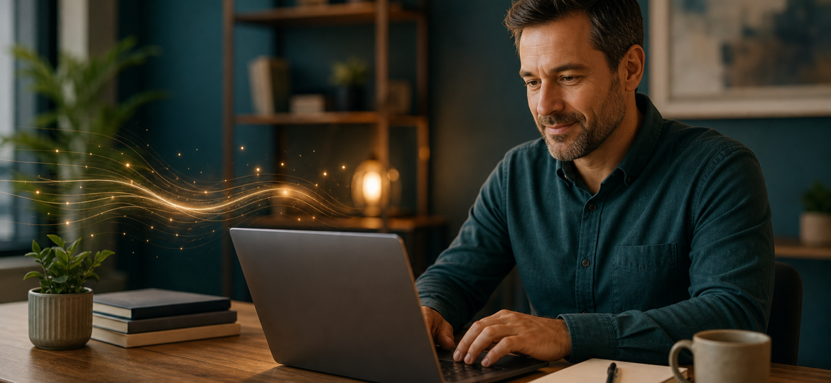 Small business owner working with AI-assisted operations at a laptop