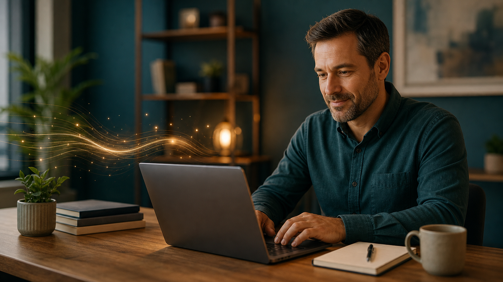 Small business owner working with AI-assisted operations at a laptop