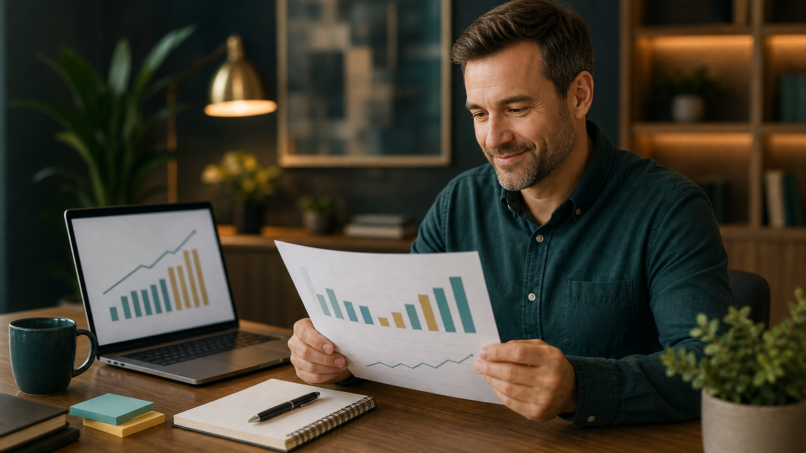 Small business owner measuring AI workflow improvement with abstract charts