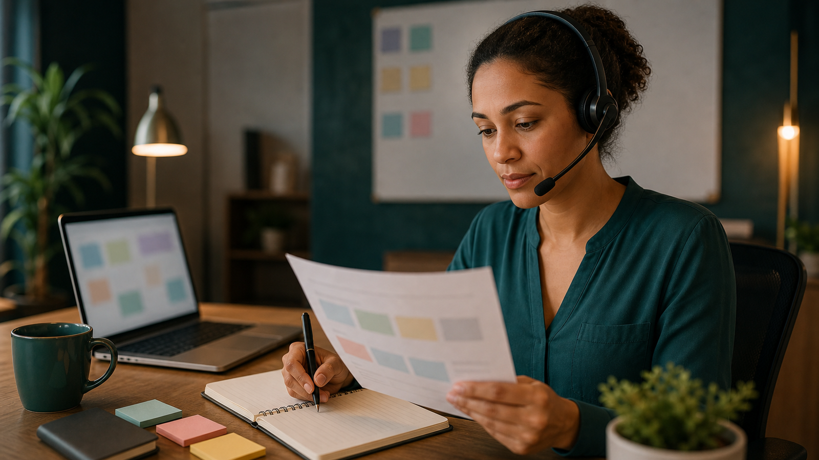 Customer support manager reviewing AI-assisted requests without readable screen text