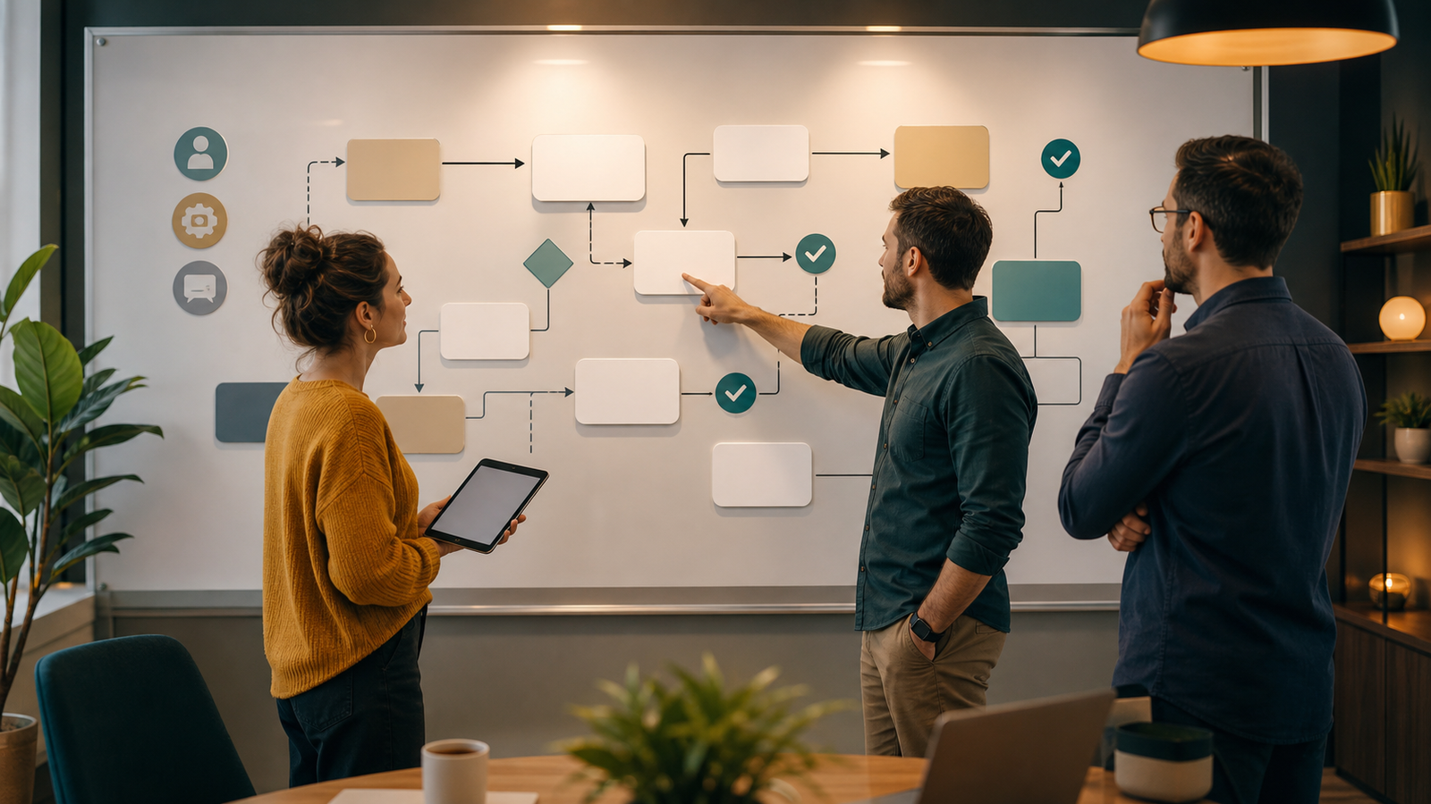 Small team reviewing a text-free AI workflow with human approval points