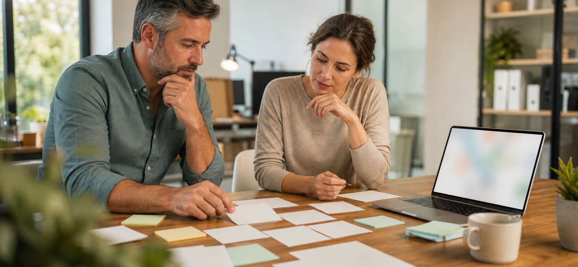 Small business owner and operations lead reviewing blank workflow cards to identify an AI automation opportunity