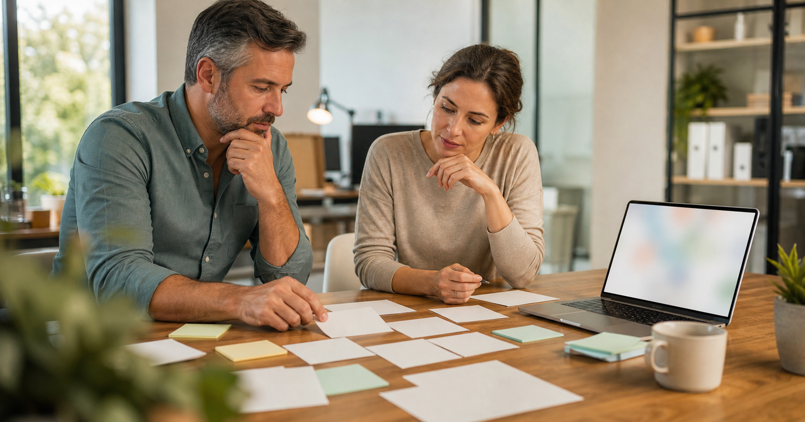 Small business owner and operations lead reviewing blank workflow cards to identify an AI automation opportunity