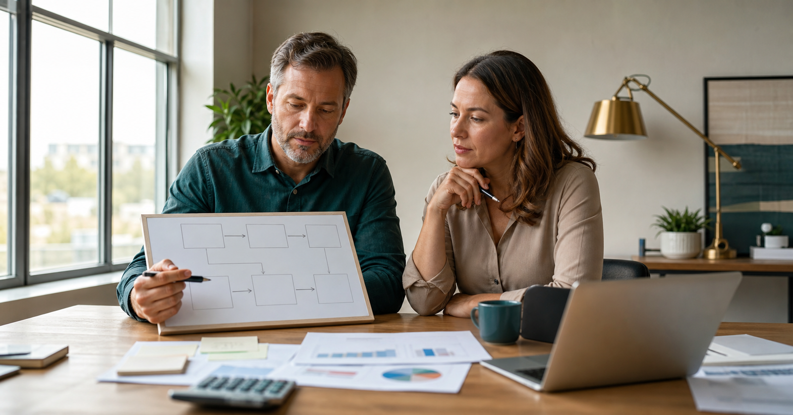 Small business owner and operations lead reviewing AI automation ROI with blank workflow cards and blurred financial materials