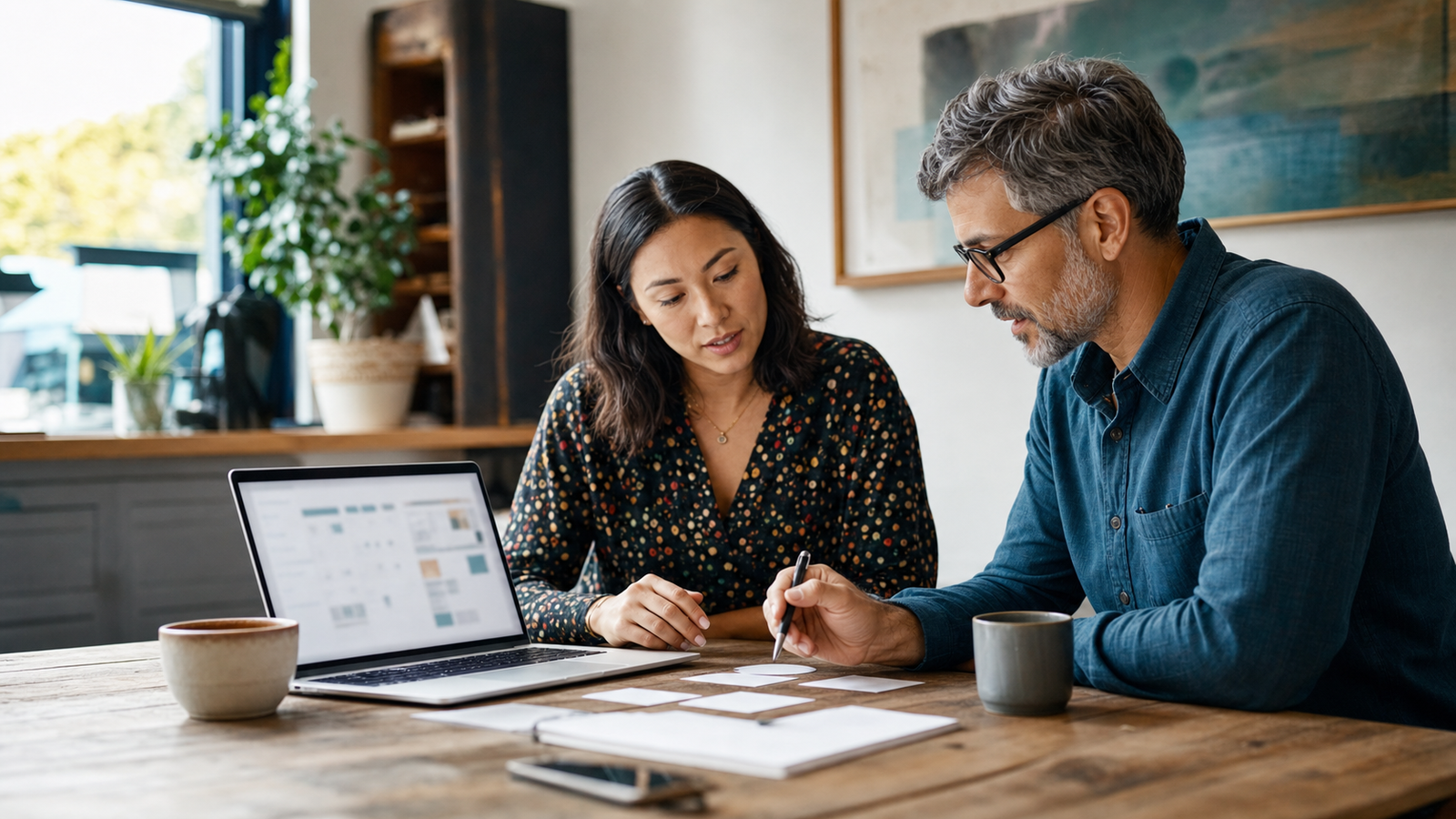 Small business owner and team reviewing blank workflow cards for AI business automation planning