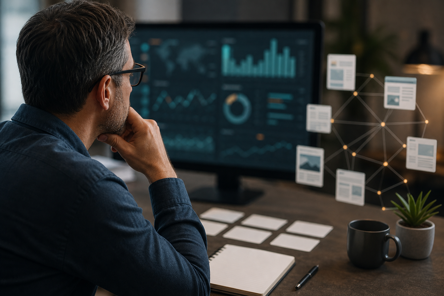 Business owner reviewing blurred analytics and blank citation cards for AI search visibility
