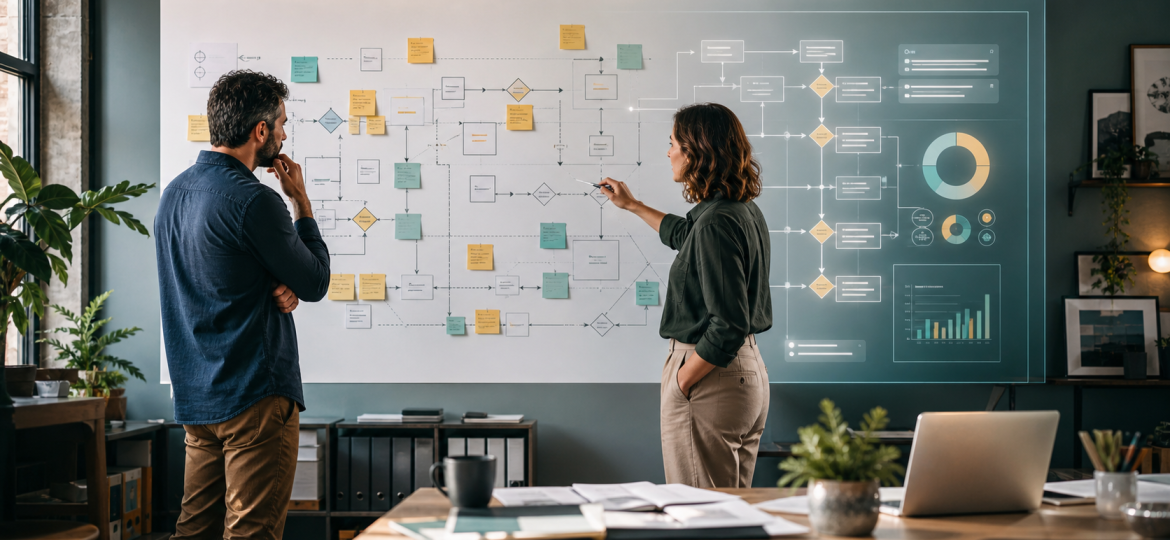 Business team reviewing a workflow map with an AI operating layer before redesigning a process