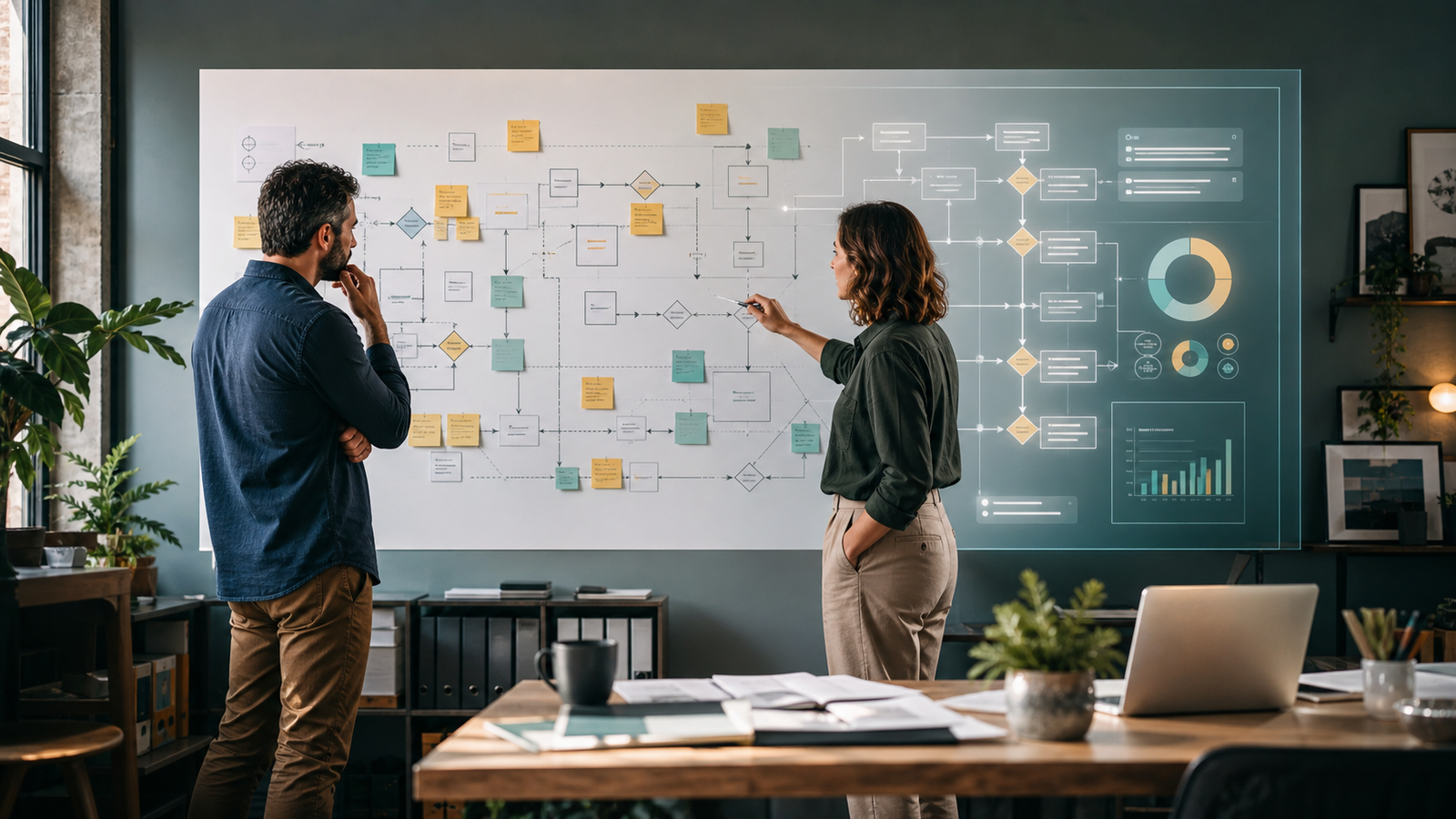 Business team reviewing a workflow map with an AI operating layer before redesigning a process