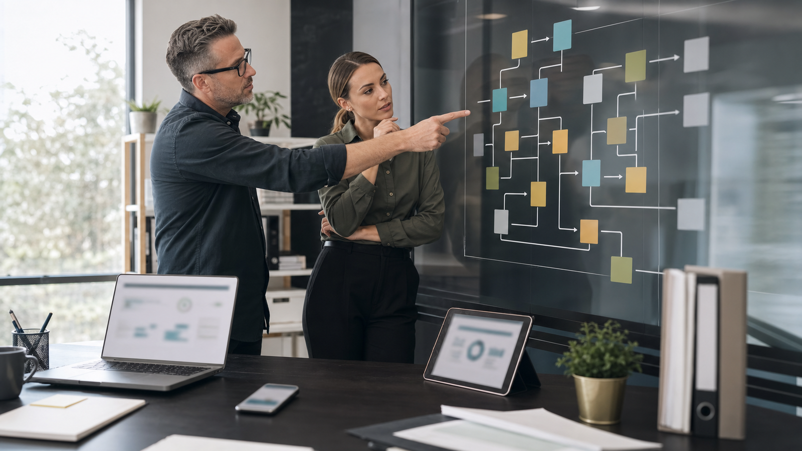 Business owner and operations manager reviewing abstract data and tool connections for AI readiness