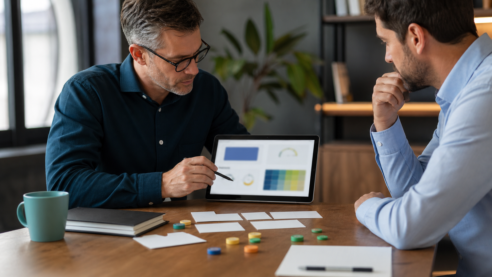 Business owner and consultant prioritizing AI readiness opportunities with abstract scoring blocks