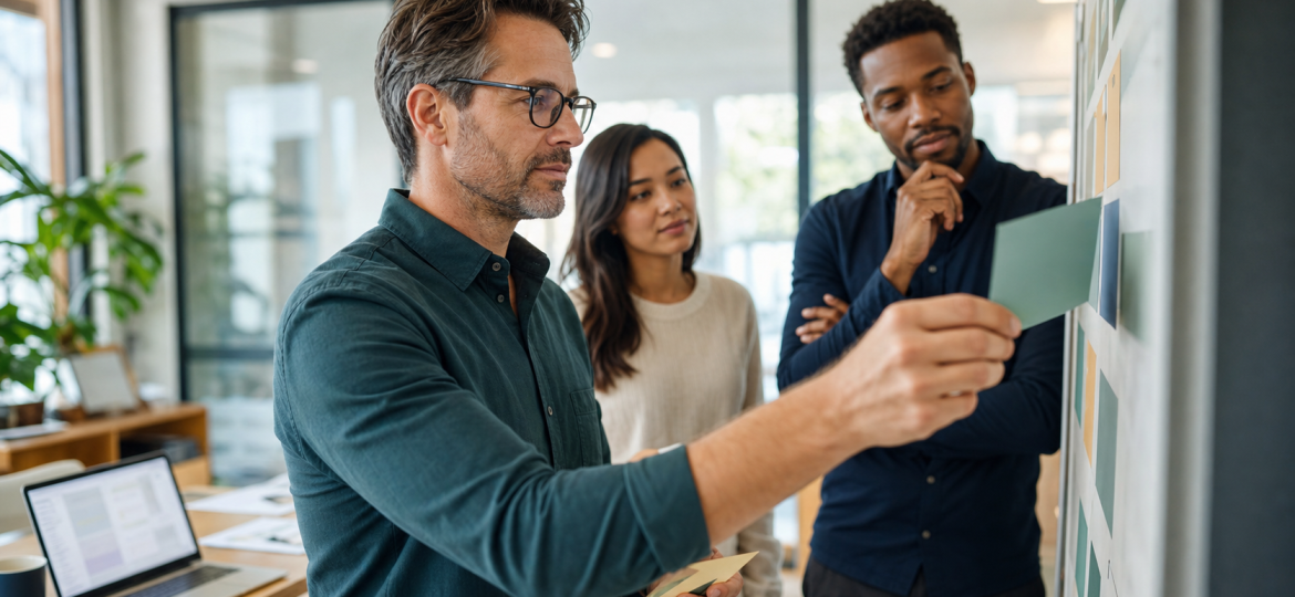 Small business owner and team reviewing AI readiness workflow cards without text overlay