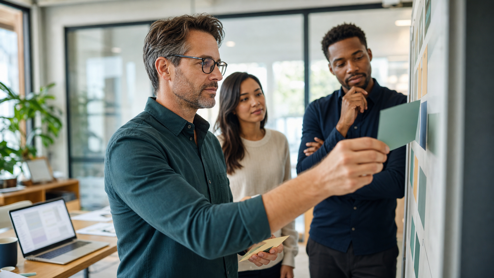 Small business owner and team reviewing AI readiness workflow cards without text overlay