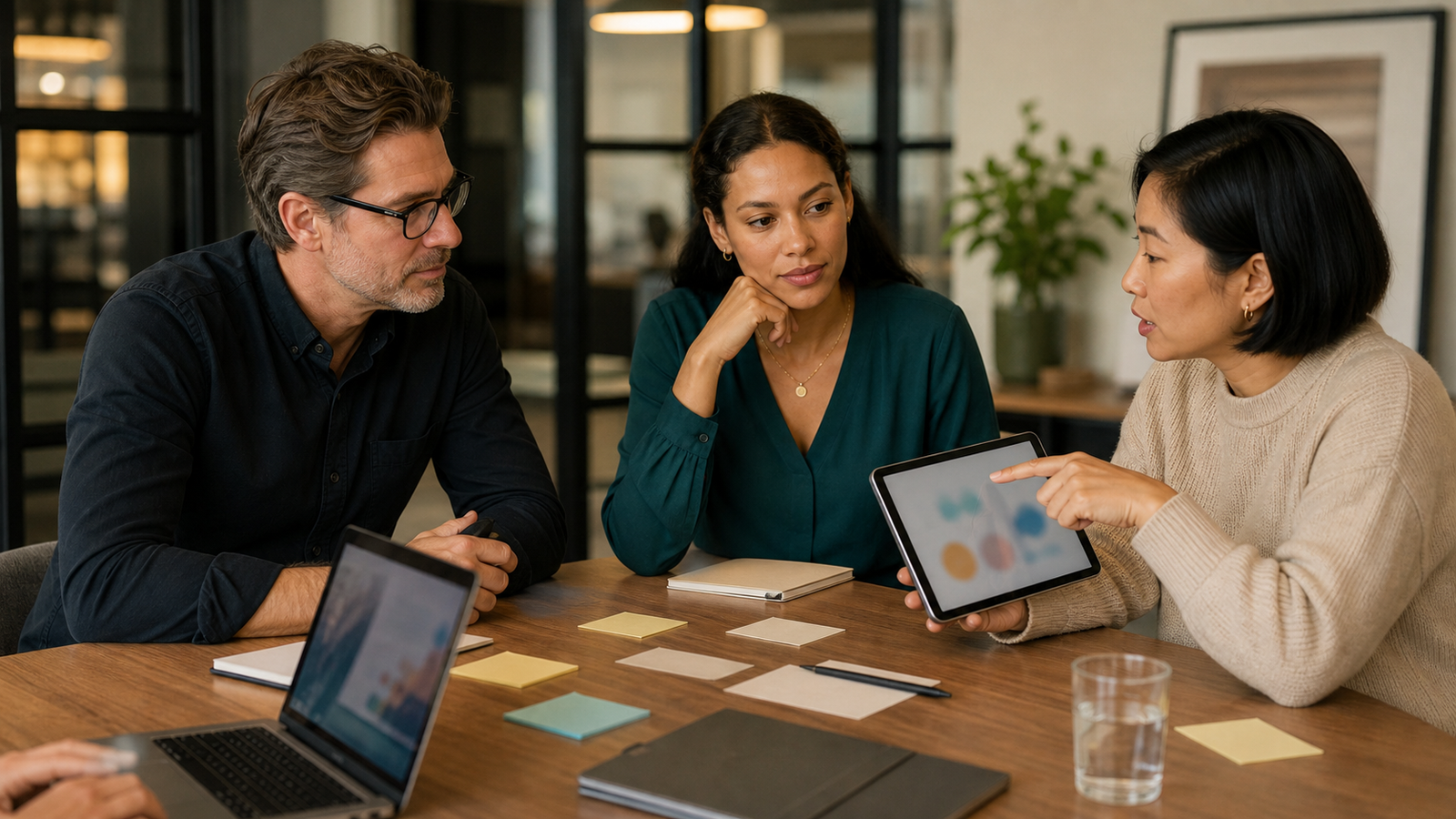 Small business team discussing human review for an AI-assisted workflow