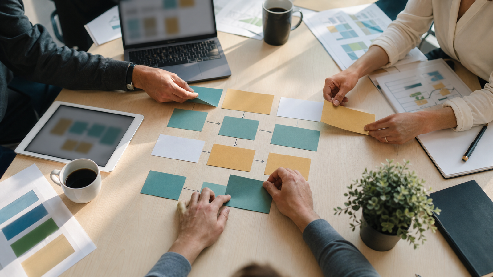 Small business team arranging blank workflow cards for an AI readiness inventory