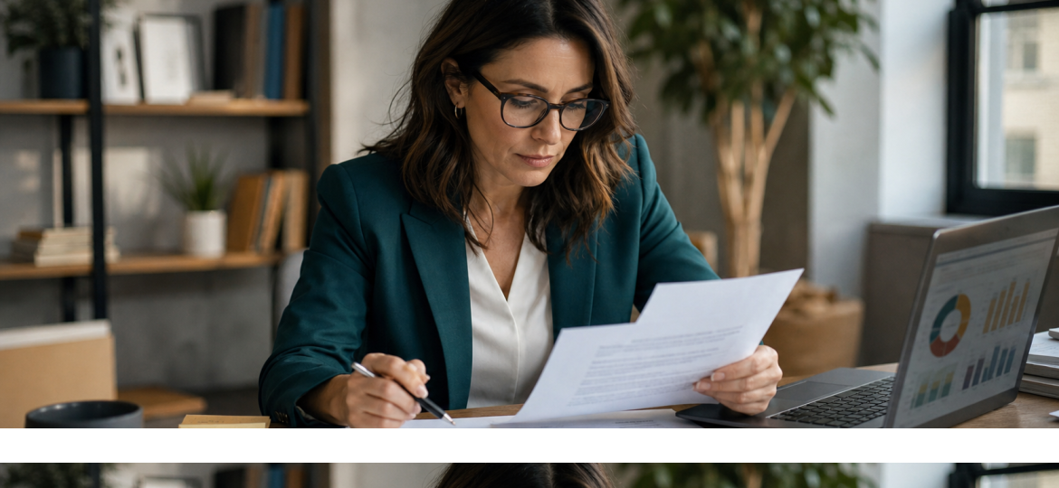 Business owner reviewing an AI-generated research brief before a decision meeting