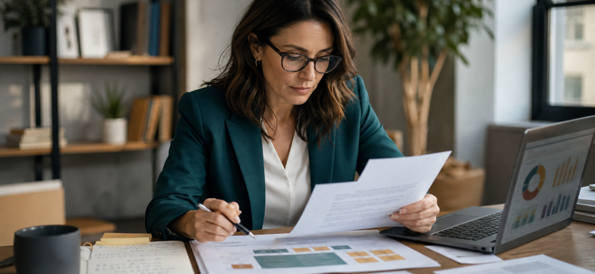 Business owner reviewing an AI-generated research brief before a decision meeting