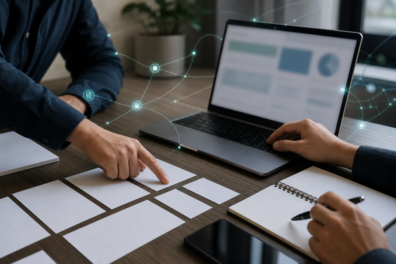 Consultant reviewing a blurred website dashboard and blank audit cards for AI search visibility