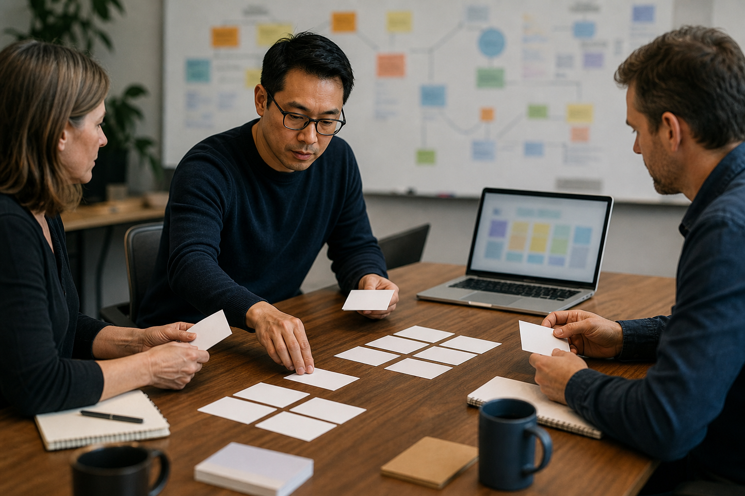 Small business team arranging blank visibility cards around an abstract blurred AI search workflow board
