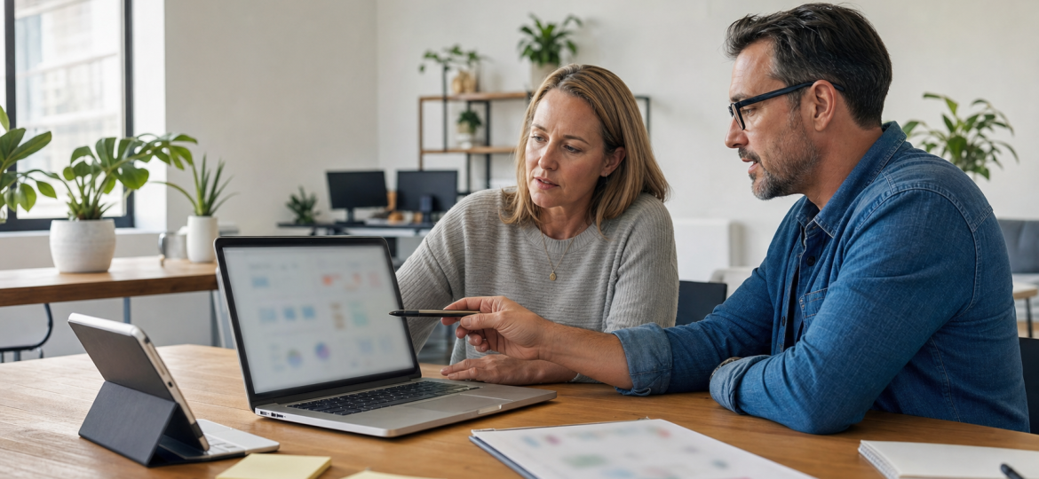 Small business owner and advisor reviewing blurred AI search visibility dashboards in a practical office