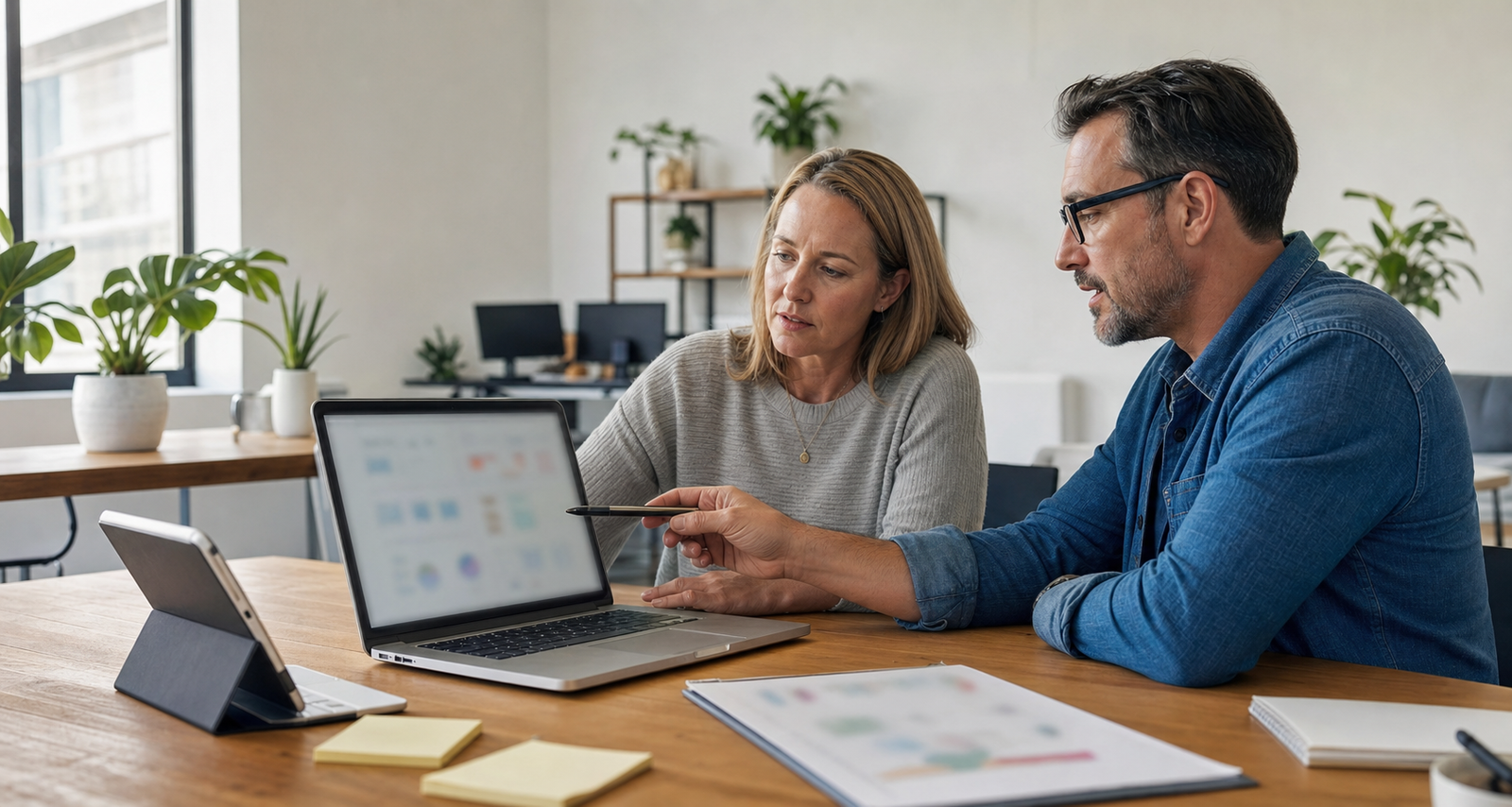 Small business owner and advisor reviewing blurred AI search visibility dashboards in a practical office