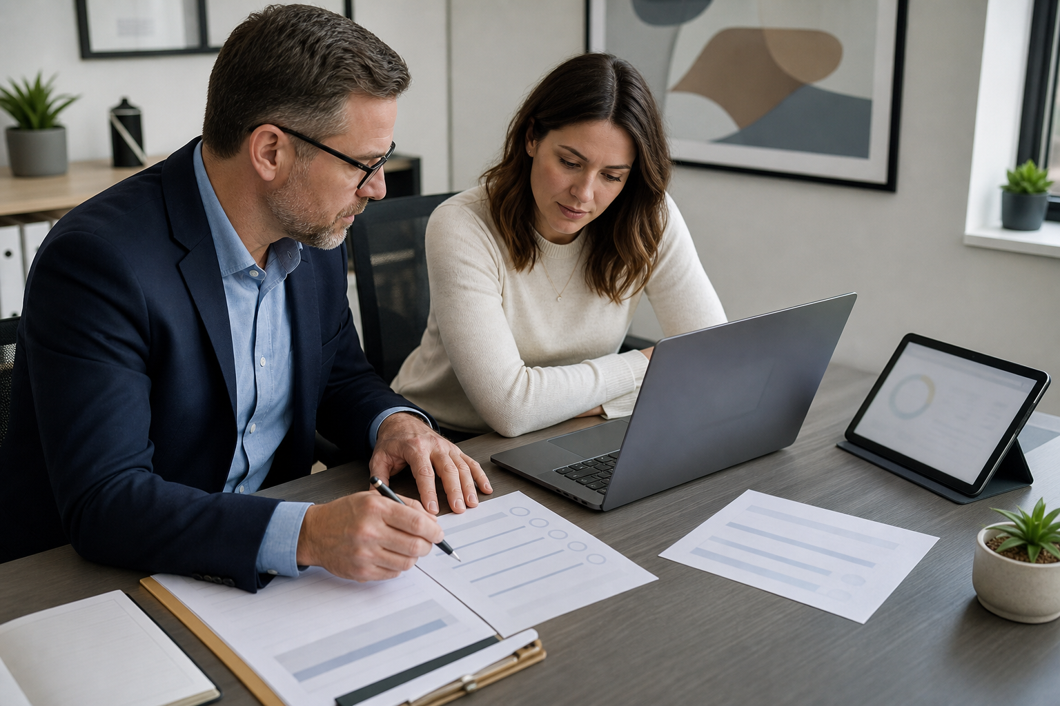 Consultant and small business owner reviewing blank AI search visibility measurement sheets and blurred dashboards