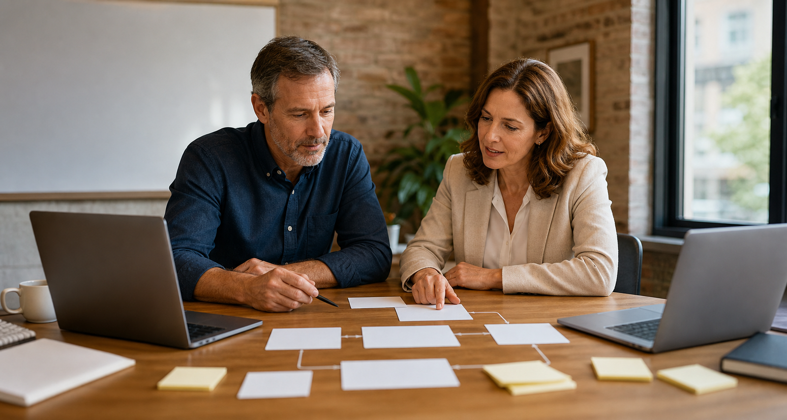 Small business owner and AI automation consultant mapping blank workflow cards during an audit