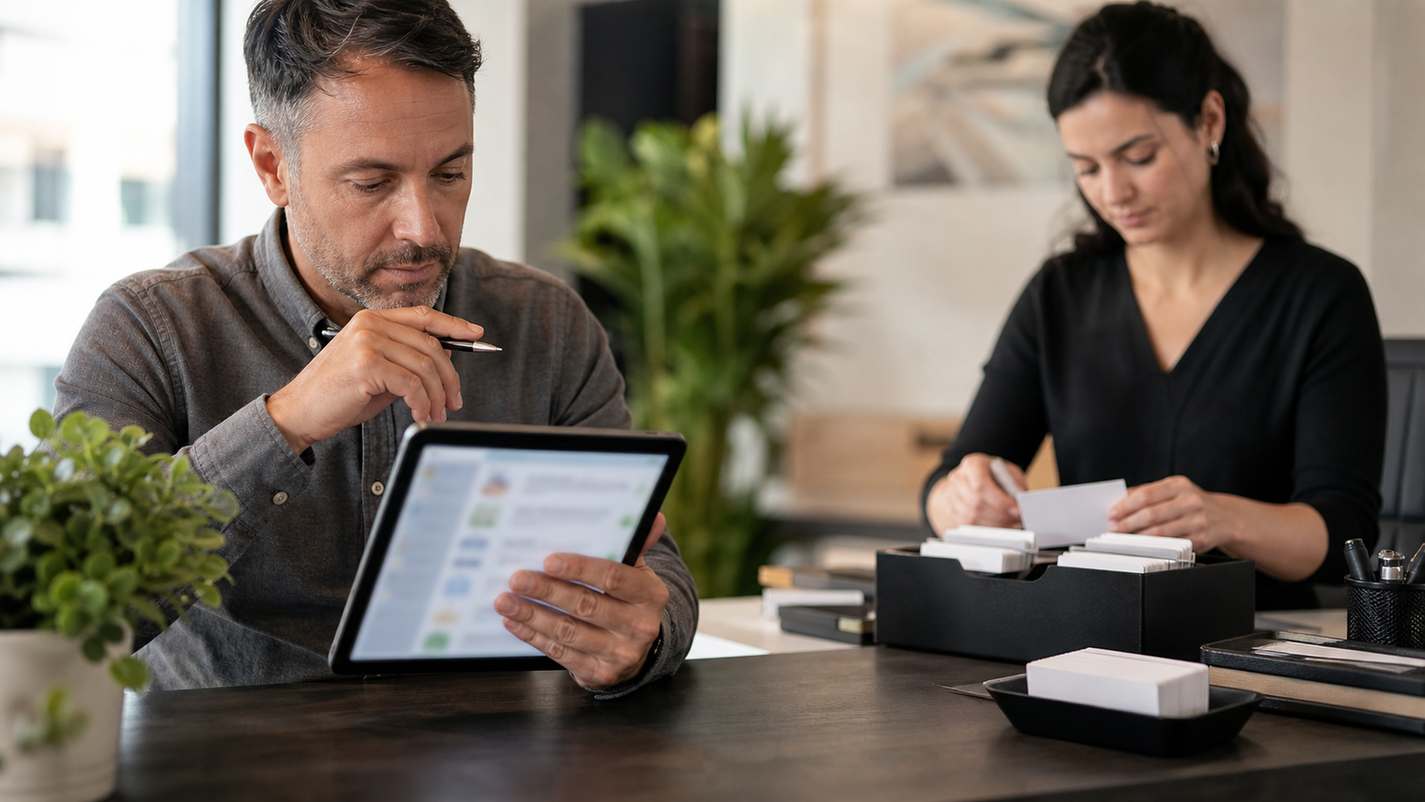 Business owner reviewing blurred client intake information before AI-assisted follow-up automation