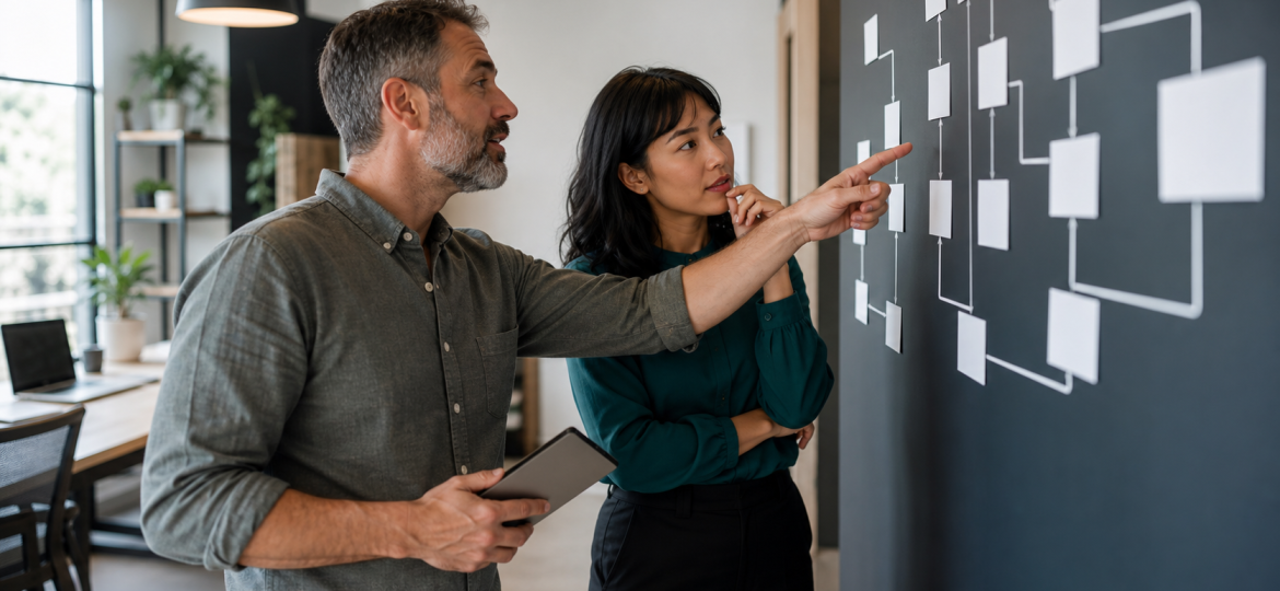 Small business owner and operations lead mapping AI workflow automation steps on a blank process wall