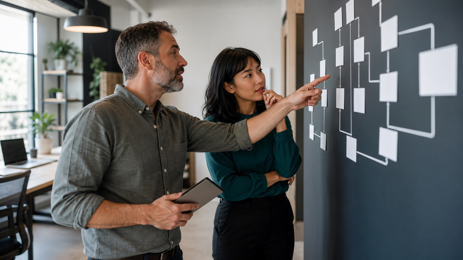 Small business owner and operations lead mapping AI workflow automation steps on a blank process wall