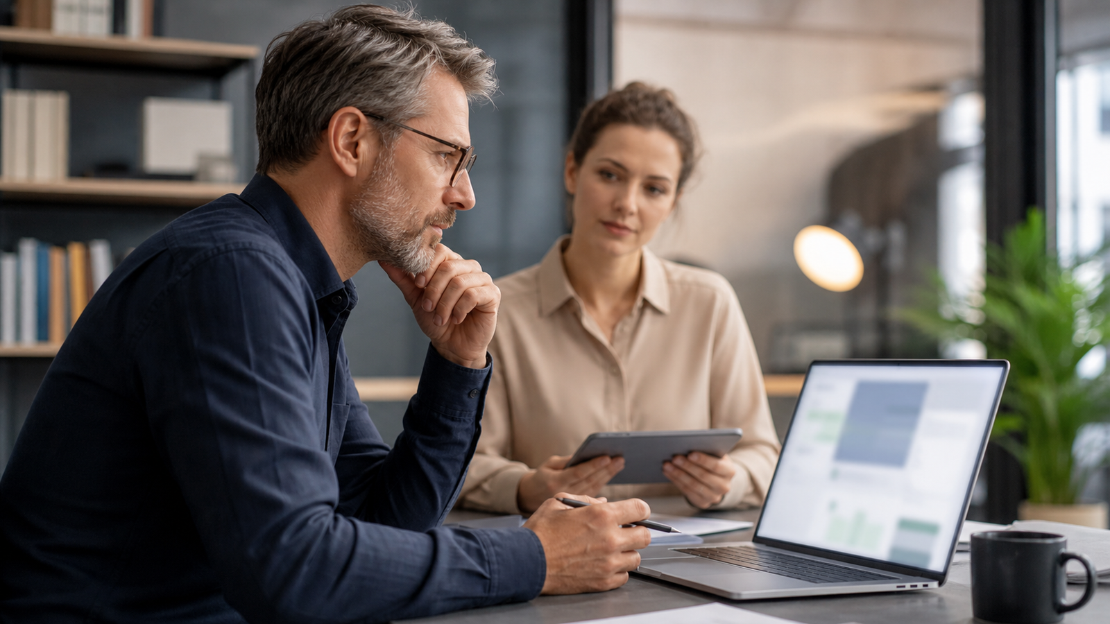 Small business manager reviewing an AI-prepared workflow output on a blurred laptop before approval