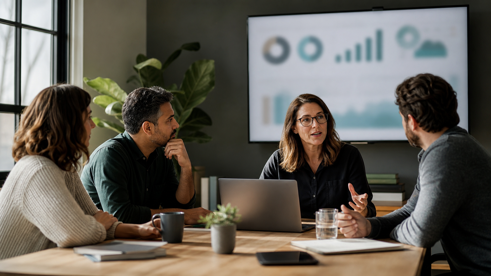 Small business team reviewing blurred outcome charts after an AI workflow automation pilot