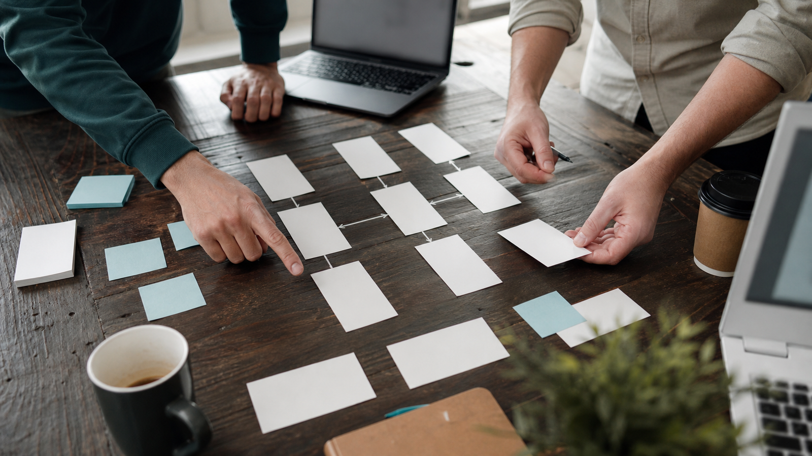 Small business team arranging blank workflow cards to identify time leaks before AI automation