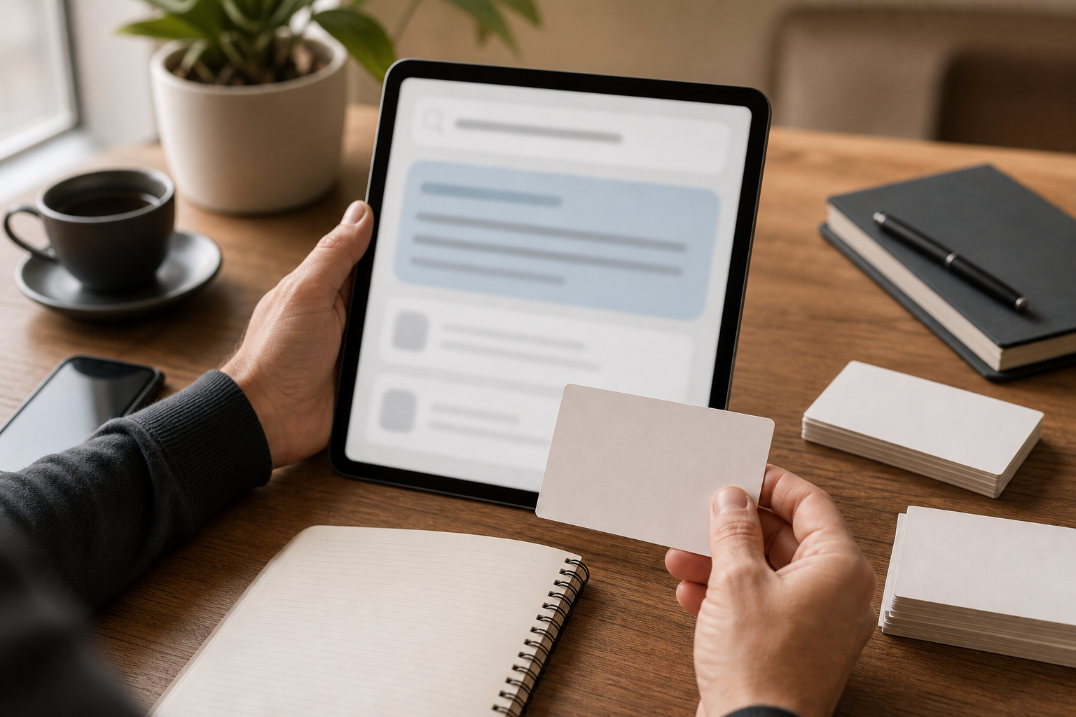 Small business owner reviewing an abstract blurred answer card workflow and blank buyer question cards