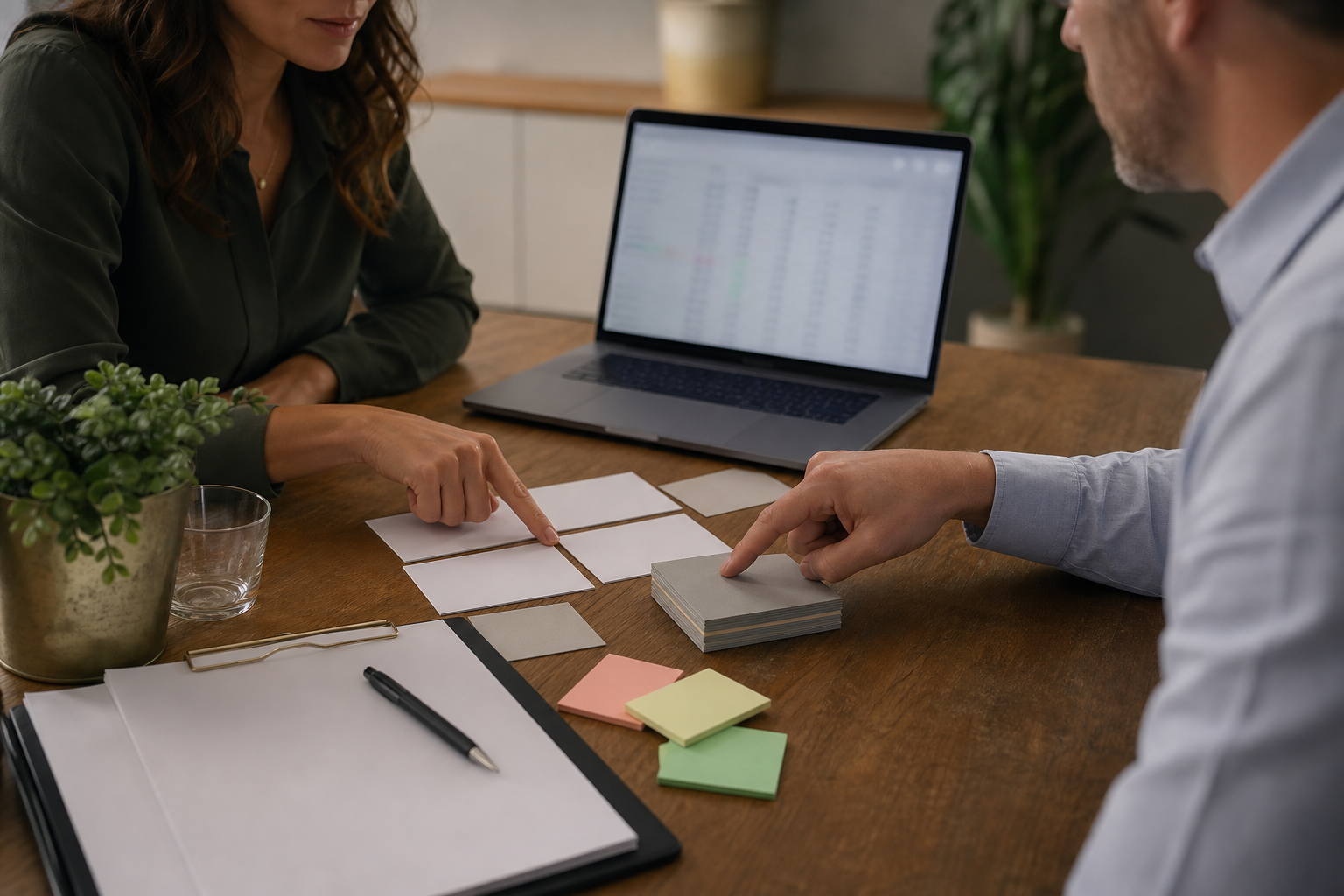 Small business owner reviewing blank cost cards and a blurred spreadsheet before an AI automation pilot