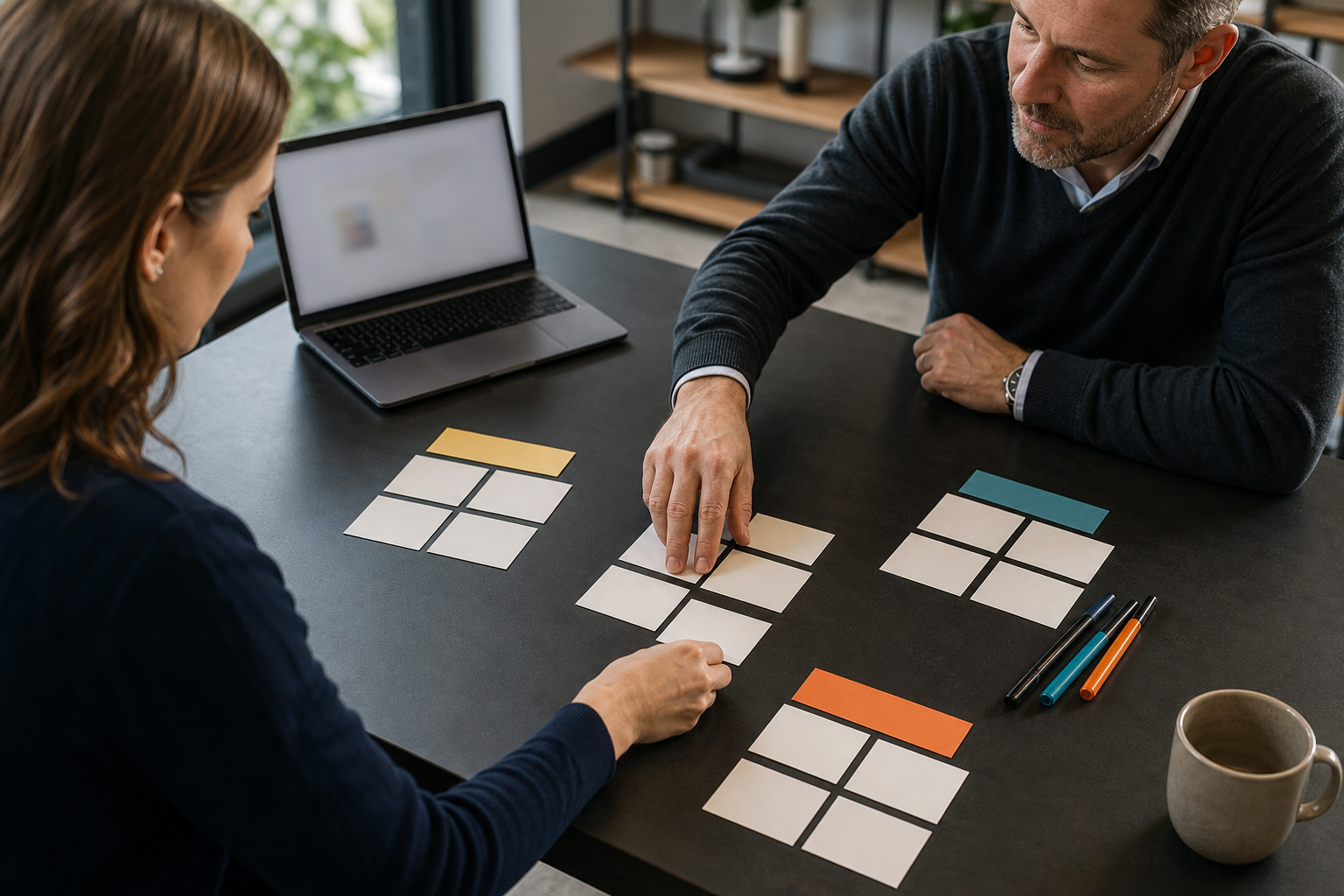 Consultant and small business owner organizing blank workflow cards into an automation opportunity map