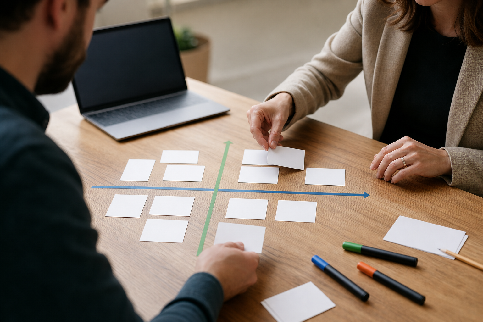 Consultant and small business owner prioritizing blank automation opportunity cards