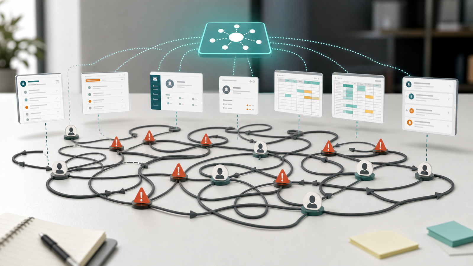 Disconnected business tools and tangled workflow loops showing how AI exposes unclear processes