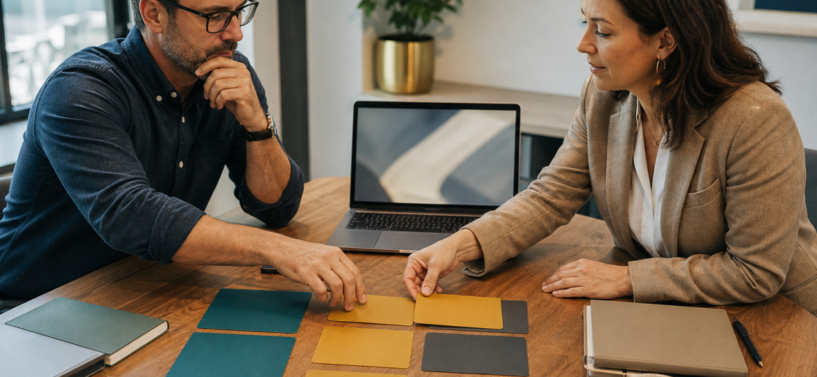 Small business owner and operations manager mapping a workflow with blank cards before using AI automation