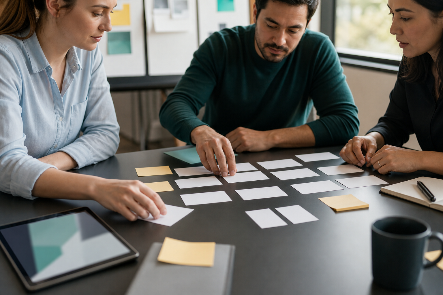 Small business owner and AI automation consultant mapping a workflow with blank cards and blurred screen